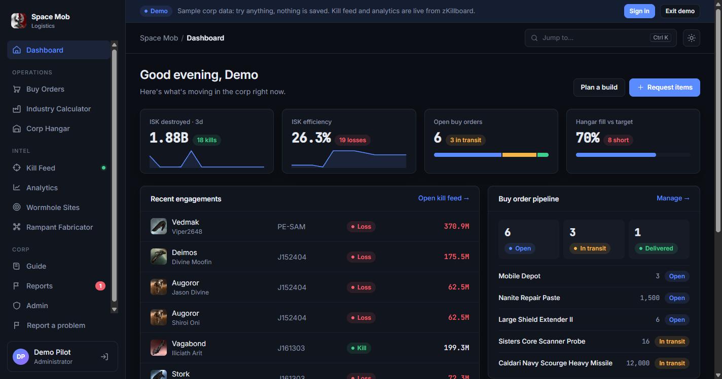 Space Mob Logistics dashboard showing key numbers, recent activity and an order pipeline